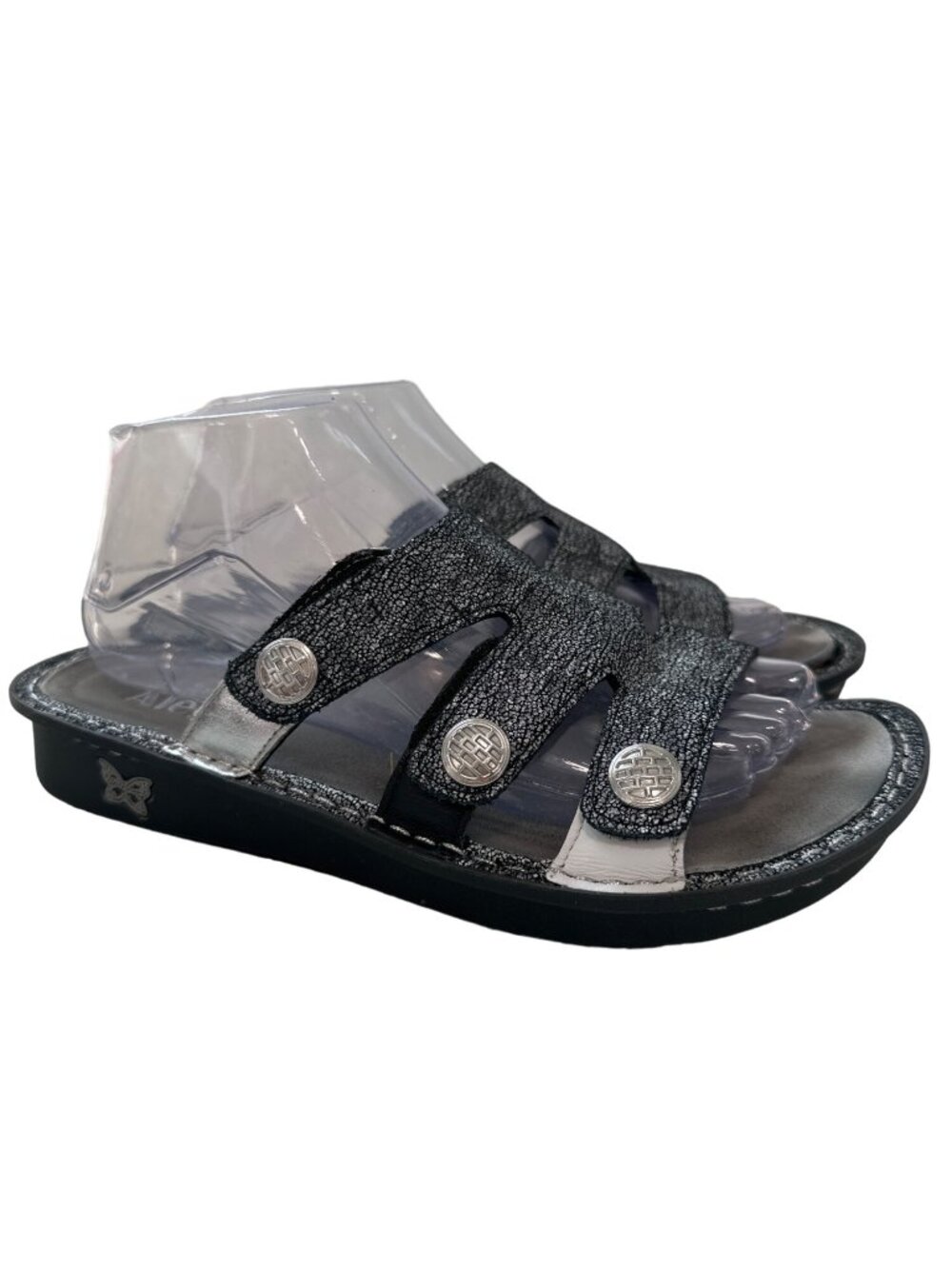 Alegria Venice Slickery Sandals Size 39 Chirpy Pewter Black Silver Leather Boho